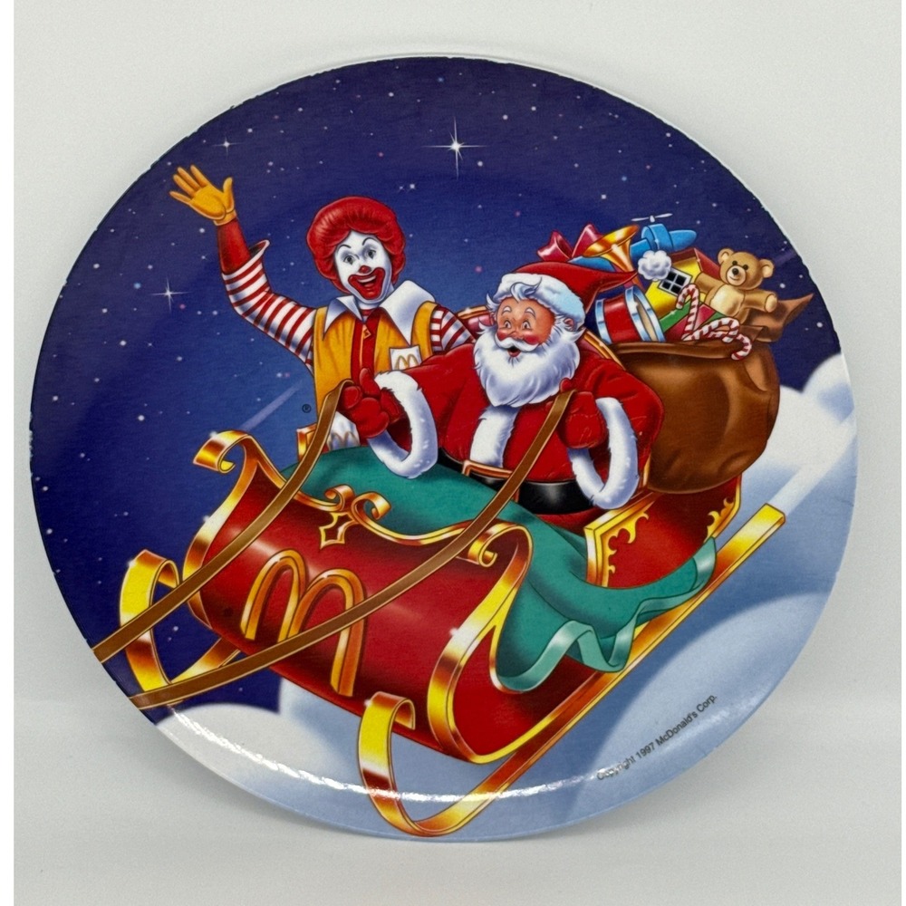VTG 1997 McDonalds Christmas Plate Ronald McDonald Santa Claus Sleigh Melamine